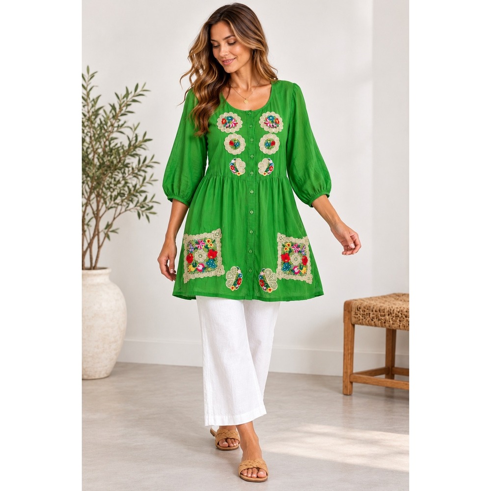 Johnny Was L Green Embroidered Floral Button Front Tunic Dress Boho